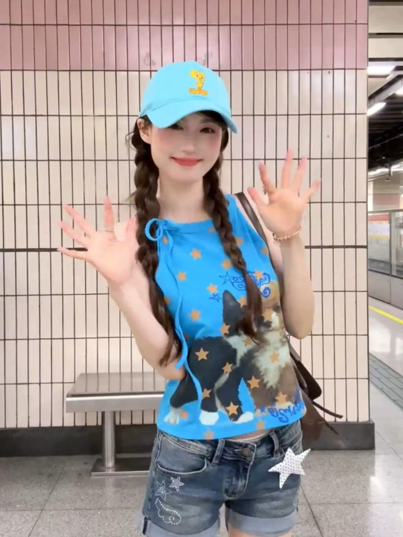 모달 면 파란색 별 새끼 고양이 프린트 캐미솔 여름 외출용 몸매 가꾸기 맨위 이미지 2