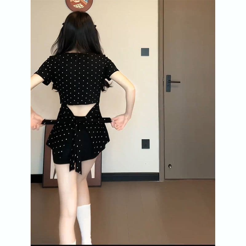 모달 뒤로 스트랩 디자인 도트 무늬 반팔 티셔츠 여성 여름 새로운 패션 몸매 가꾸기 슬림해 보이는 외출용 맨위 이미지 3