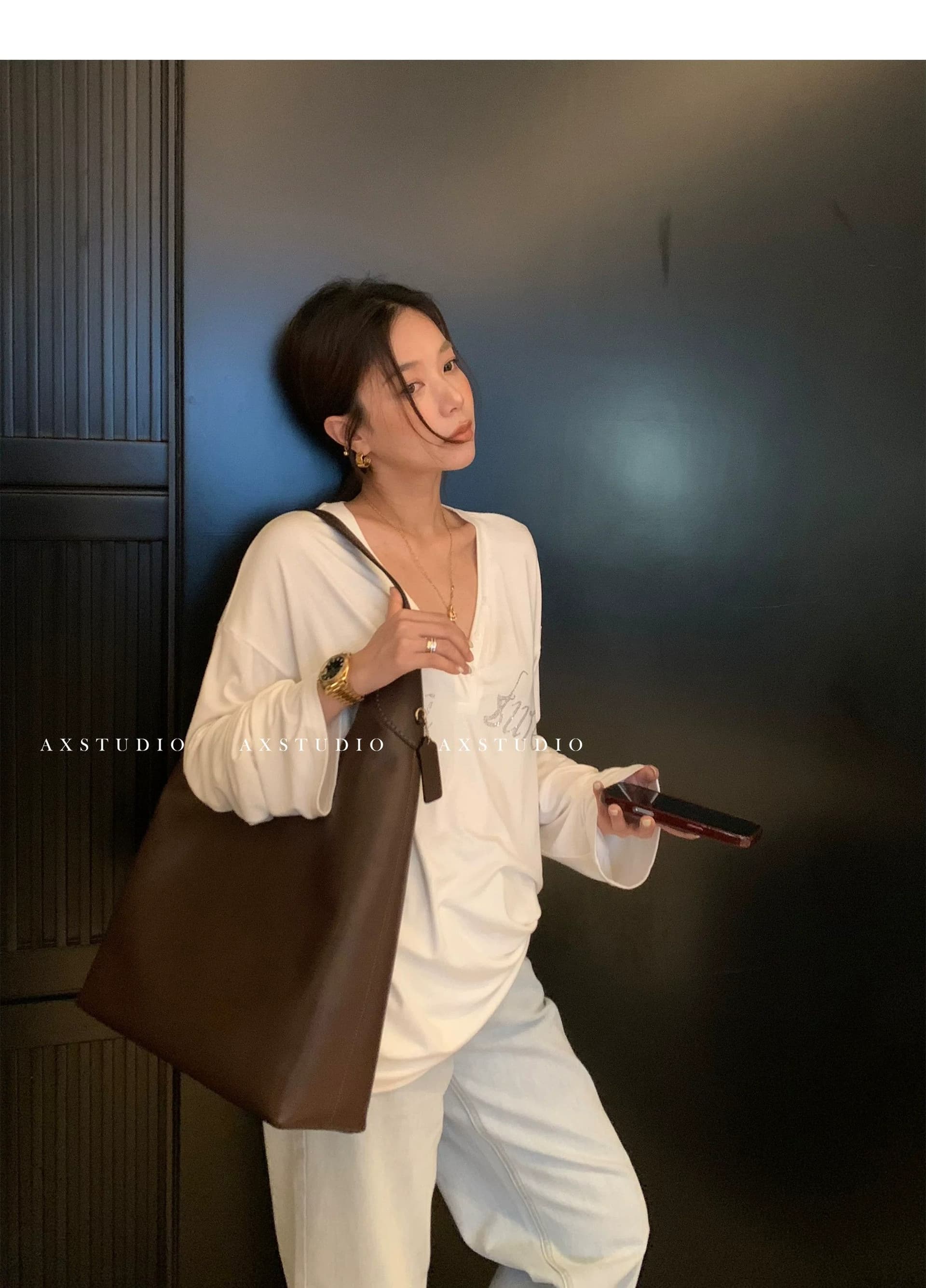 원본 것 알파벳 핫픽스 V넥 루즈핏 긴팔 자외선 차단 티셔츠 여성 셔츠 상세 이미지 11