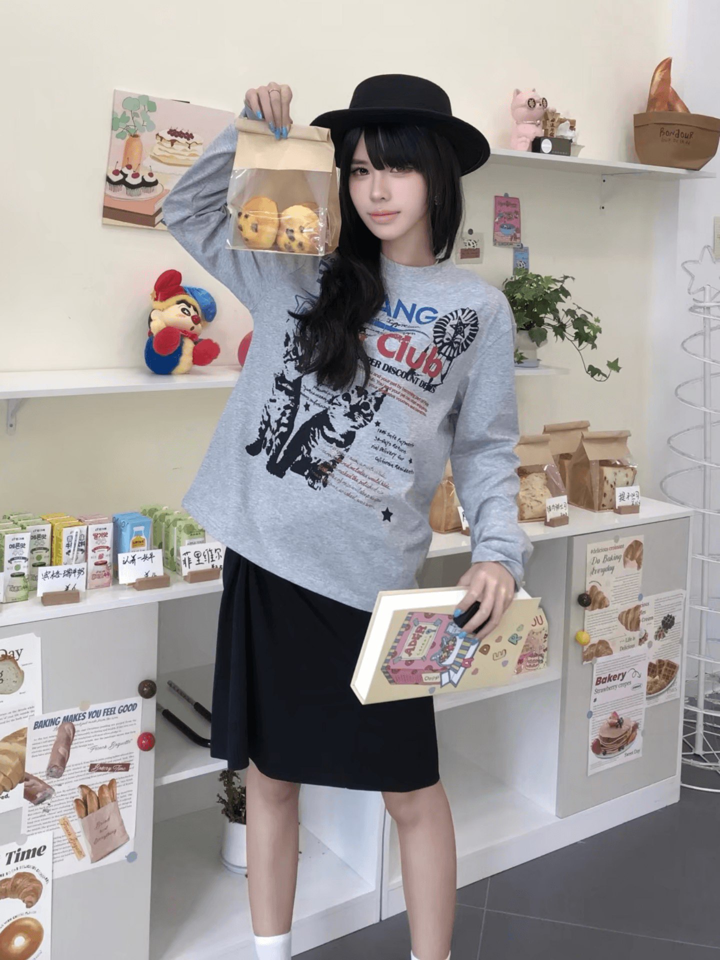 210 그램 21 이후 패키지 칼라 프린트 가을 의상 긴팔 티셔츠 여성 루즈핏 순면 라운드 넥 맨위 이미지 3