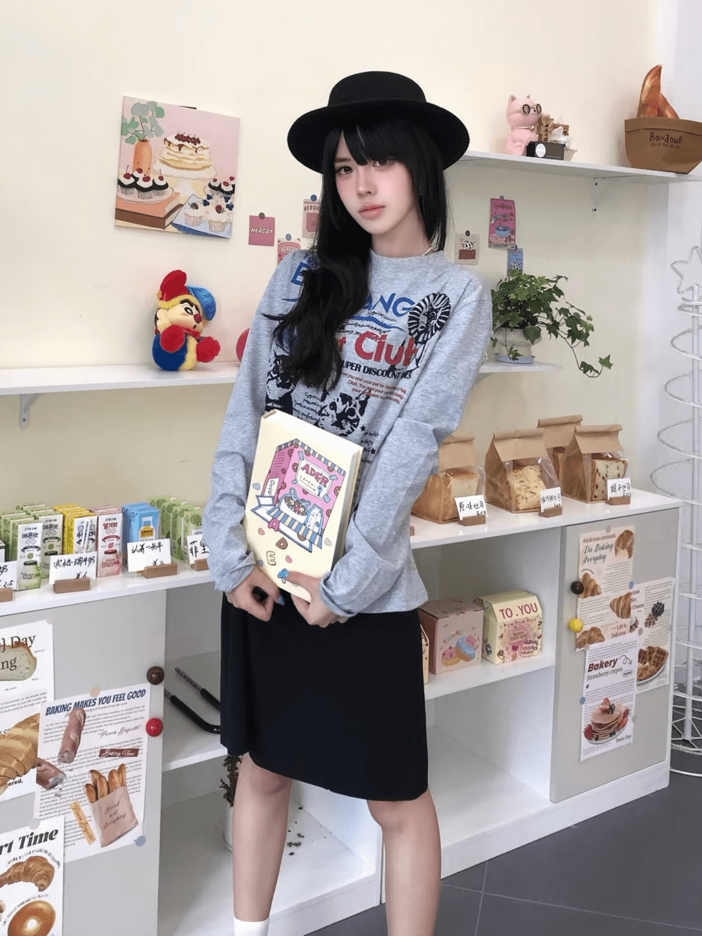 210 그램 21 이후 패키지 칼라 프린트 가을 의상 긴팔 티셔츠 여성 루즈핏 순면 라운드 넥 맨위 이미지 2