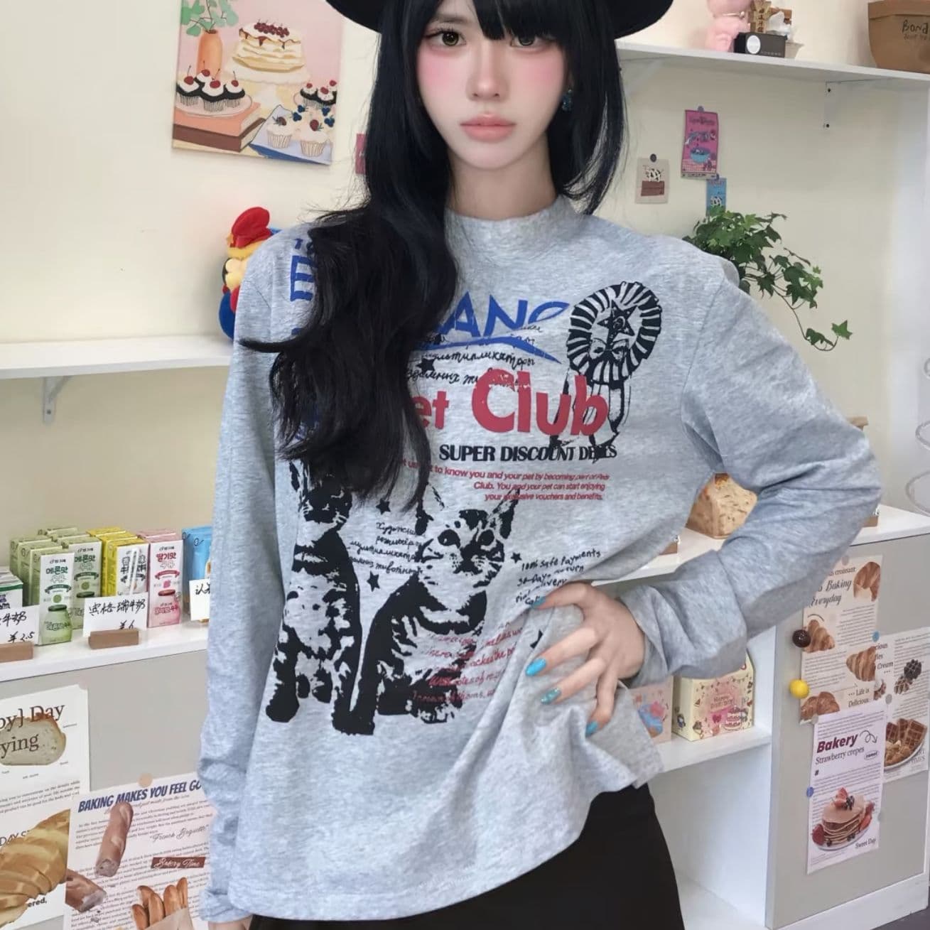 210 그램 21 이후 패키지 칼라 프린트 가을 의상 긴팔 티셔츠 여성 루즈핏 순면 라운드 넥 맨위