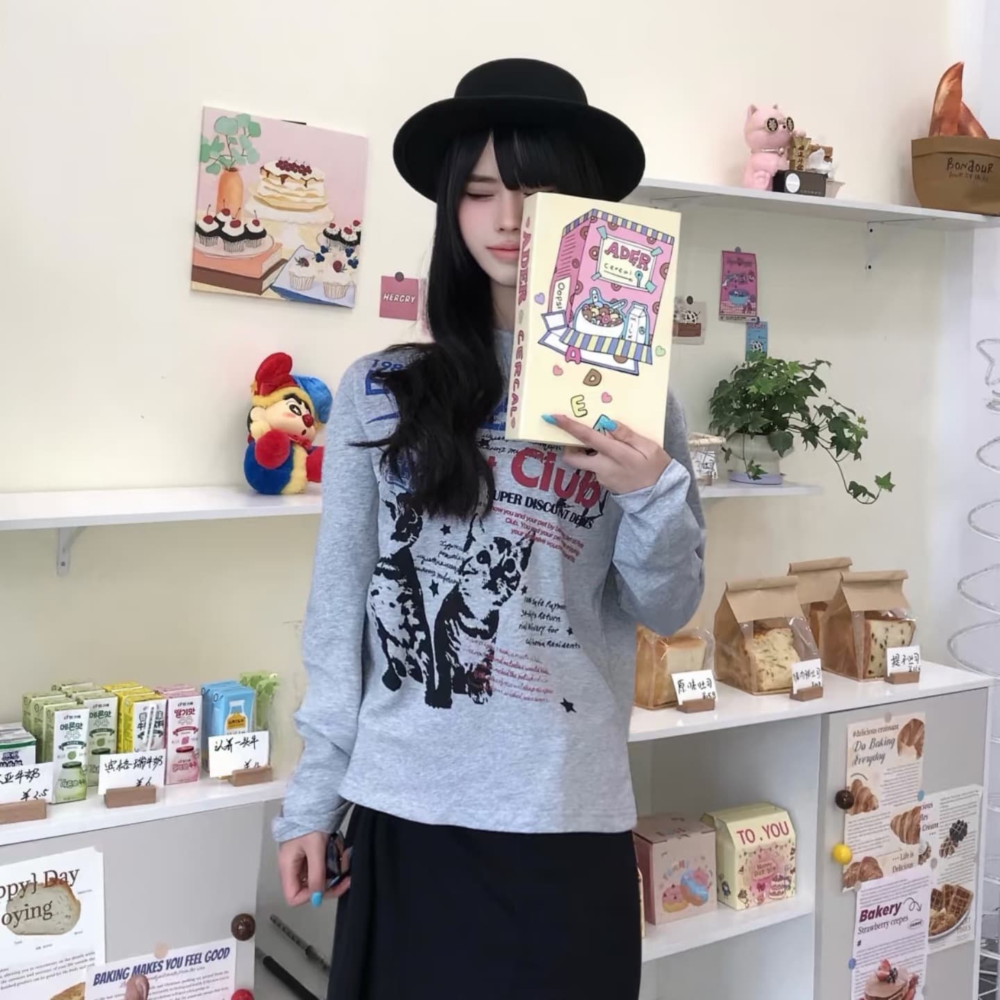 210 그램 21 이후 패키지 칼라 프린트 가을 의상 긴팔 티셔츠 여성 루즈핏 순면 라운드 넥 맨위 이미지 5