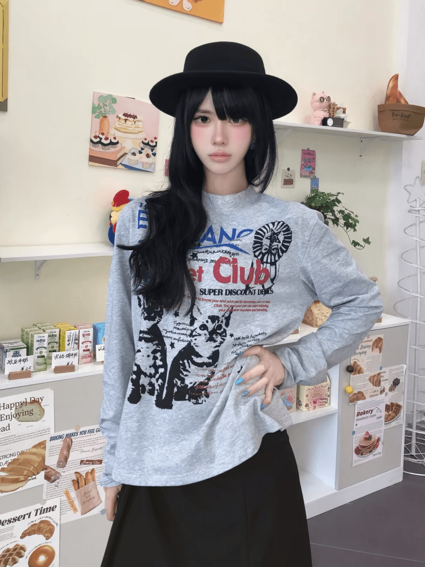 210 그램 21 이후 패키지 칼라 프린트 가을 의상 긴팔 티셔츠 여성 루즈핏 순면 라운드 넥 맨위 상세 이미지 2