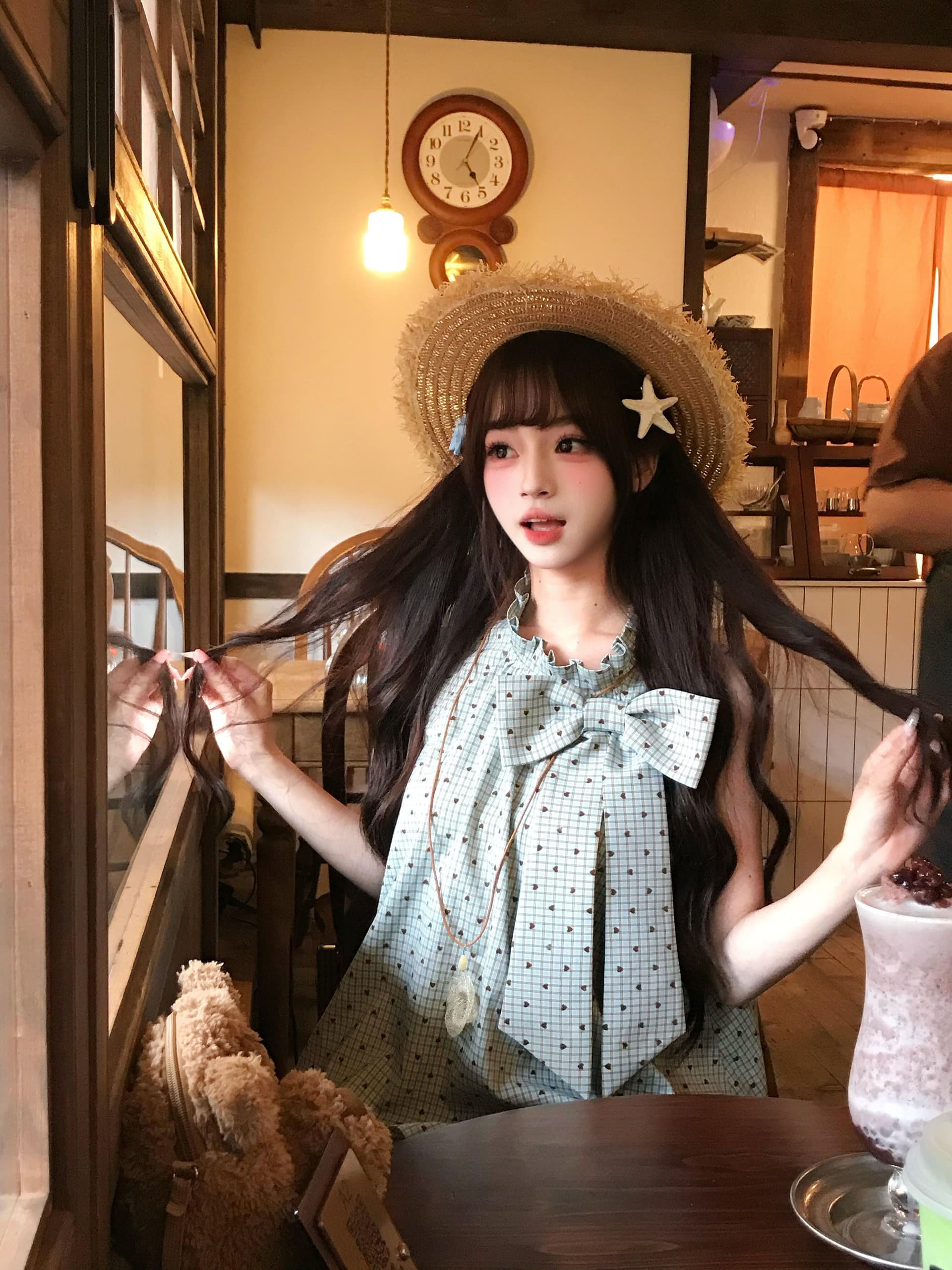 원본 명중 에디션 좋은 품질 솜씨 원본 원단 체크무늬 프릴 나비 매듭 셔츠 이미지 4