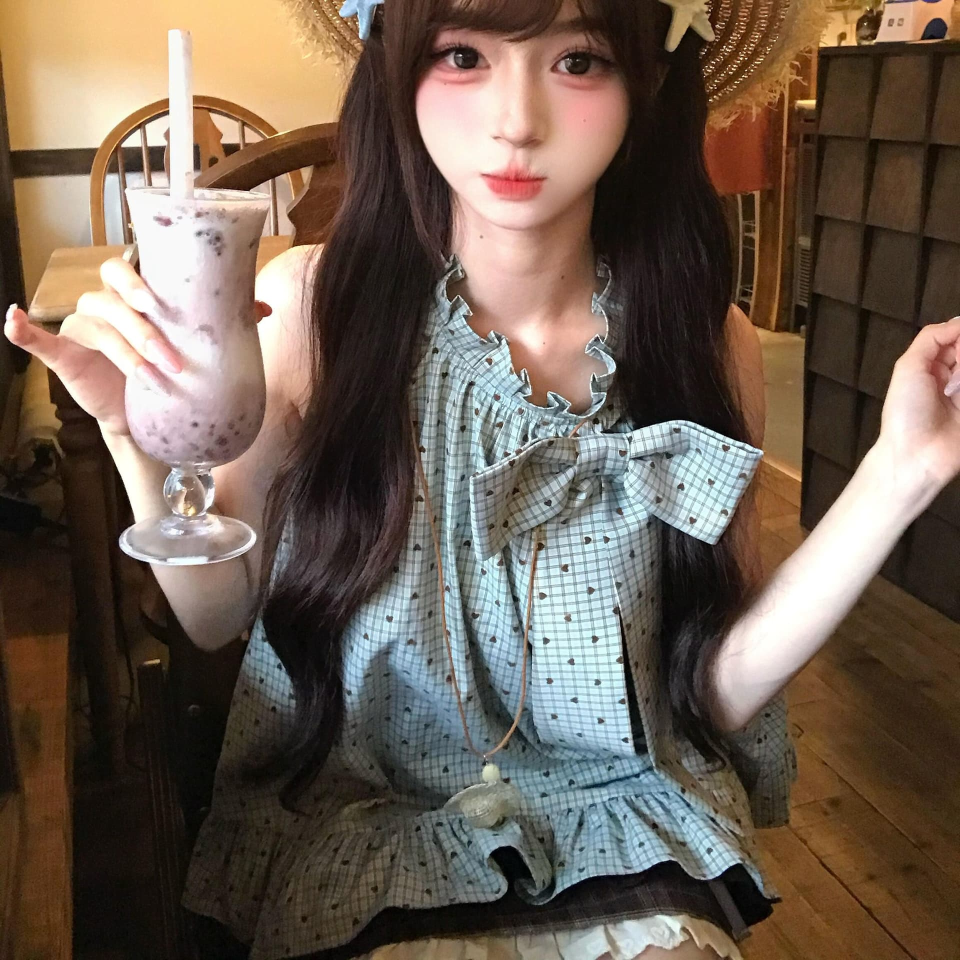 원본 명중 에디션 좋은 품질 솜씨 원본 원단 체크무늬 프릴 나비 매듭 셔츠 이미지 5