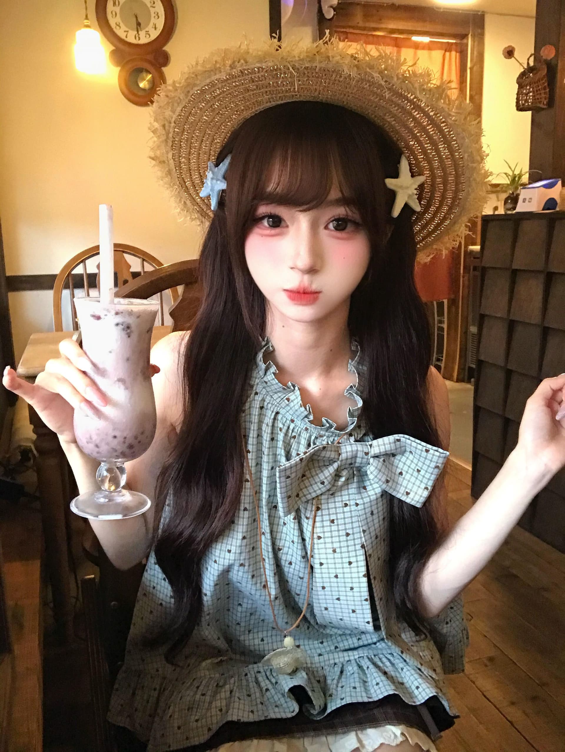 원본 명중 에디션 좋은 품질 솜씨 원본 원단 체크무늬 프릴 나비 매듭 셔츠 상세 이미지 4