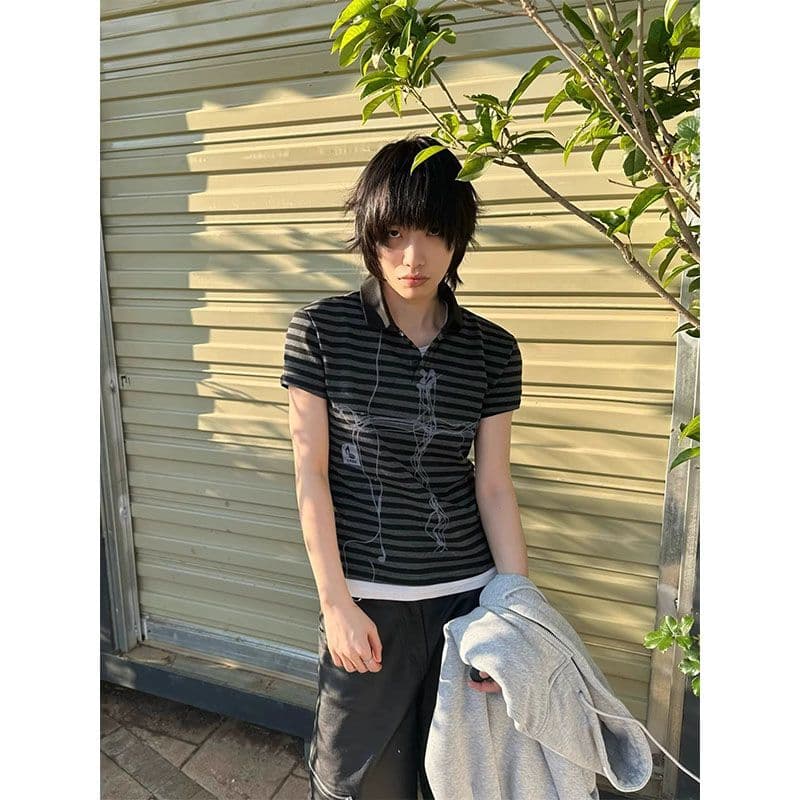 스트라이프 긍정적 인 어깨 반팔 여성 여름 십자가 프린트 POLO 셔츠 티셔츠 몸매 가꾸기 빛 아시아 인 맨위 이미지 2