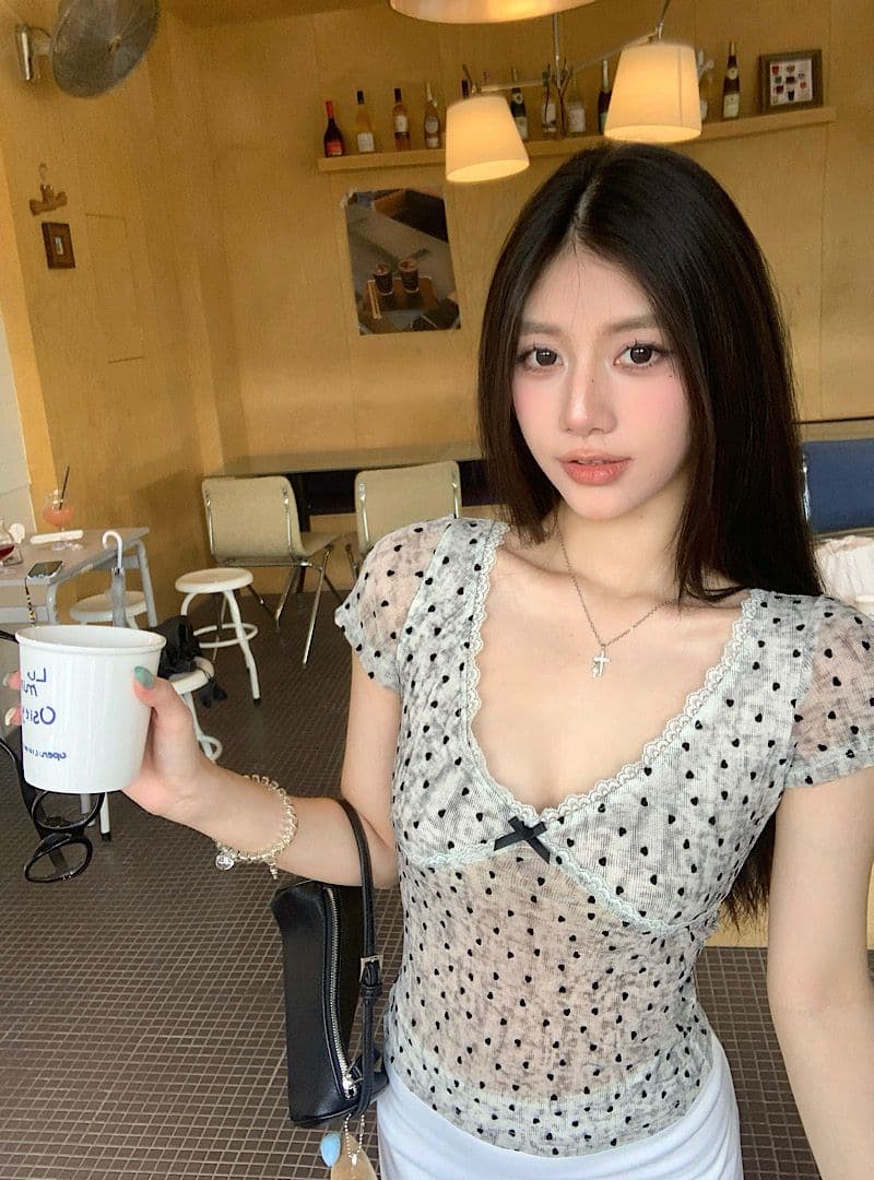 와 사고 방식 아니요 넥타이 몸 원본 것 레이스 조각 홀치기 염색 프린트 V넥 반팔 티셔츠 여성 여름 맨위 상세 이미지 6