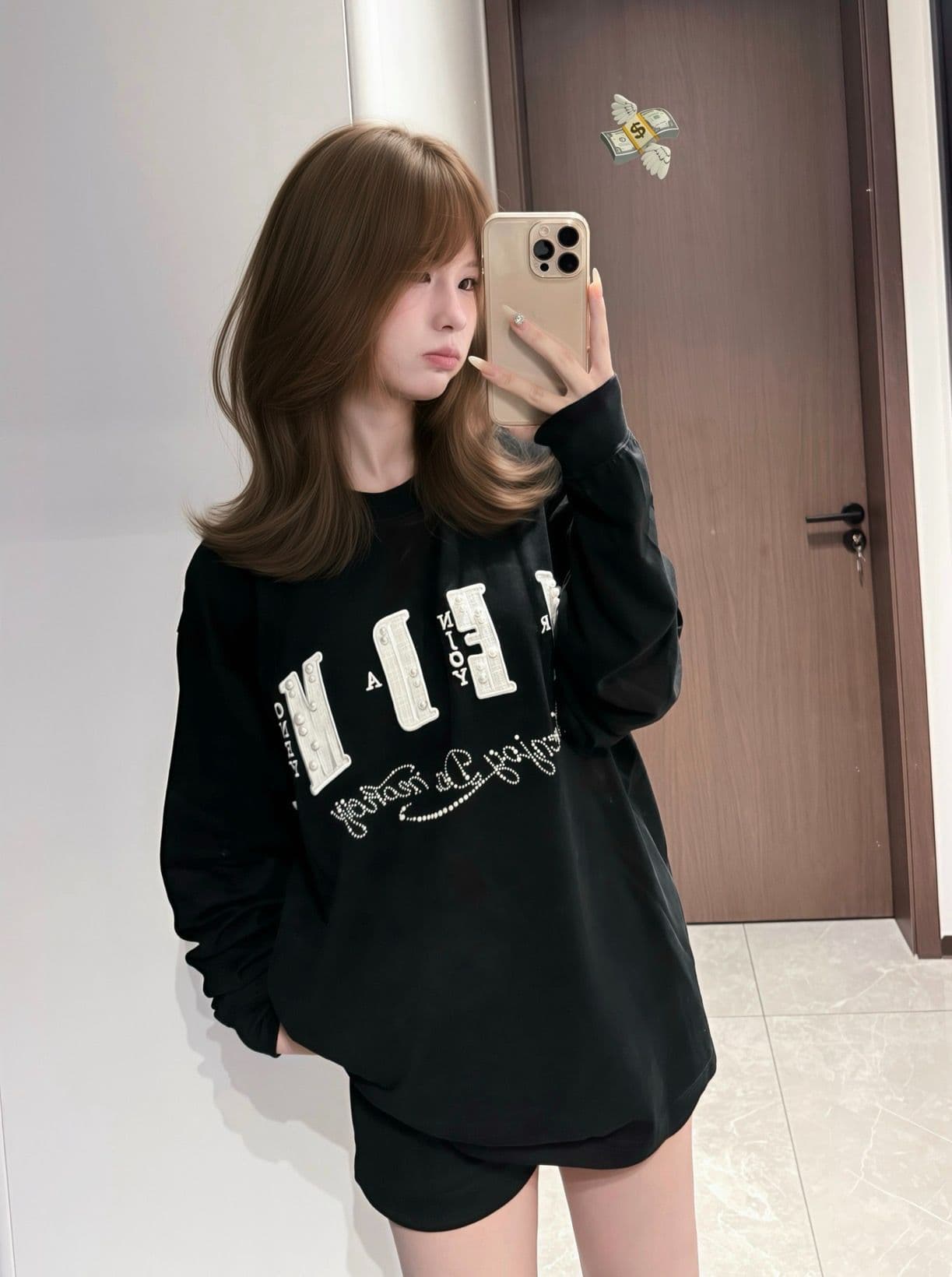 원본 작은 샤넬 스타일 자수 비즈 박기 핫픽스 19 지점 220 그램 순면 긴팔 티셔츠 여성 이미지 2
