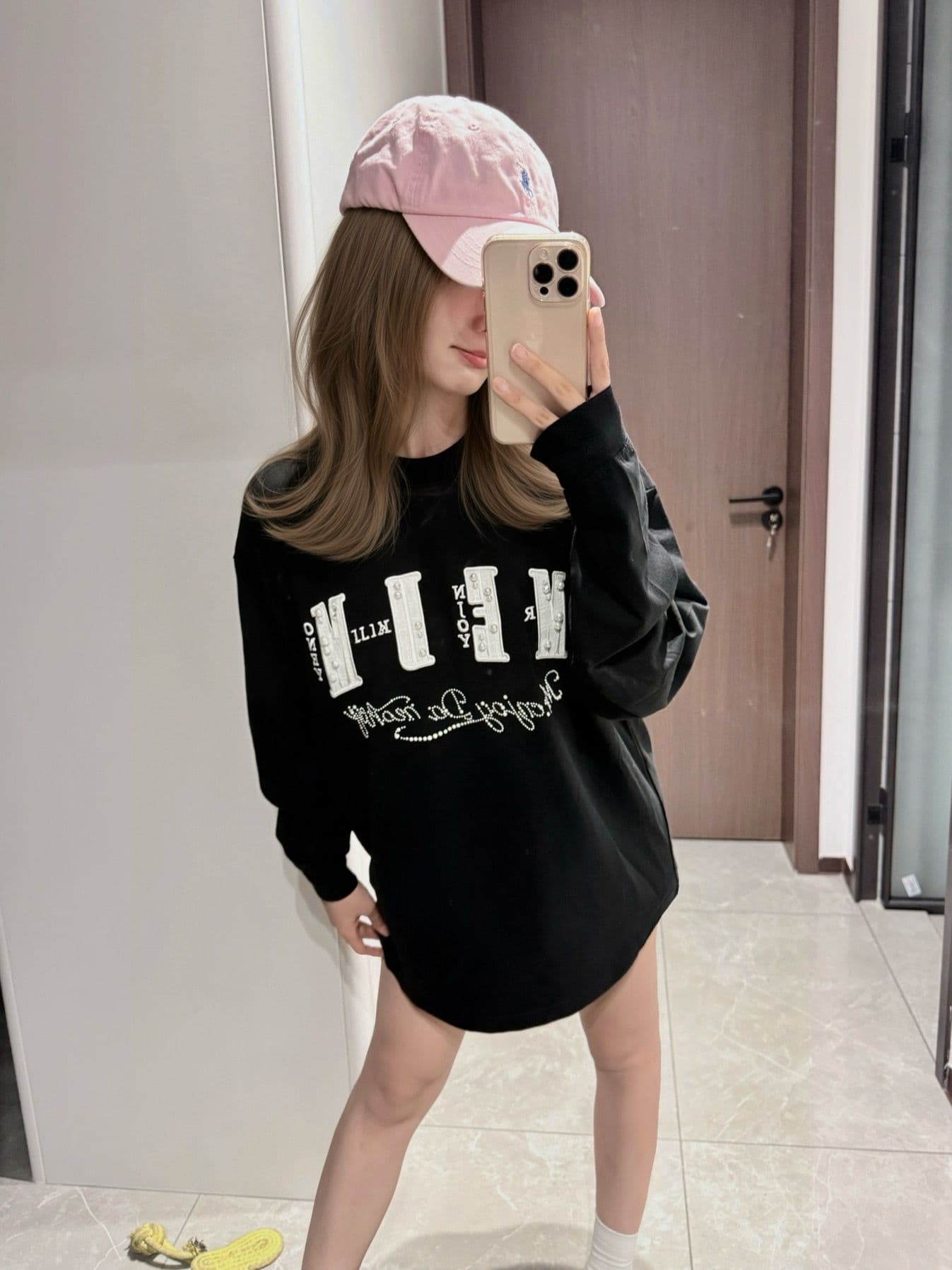 원본 작은 샤넬 스타일 자수 비즈 박기 핫픽스 19 지점 220 그램 순면 긴팔 티셔츠 여성 상세 이미지 5