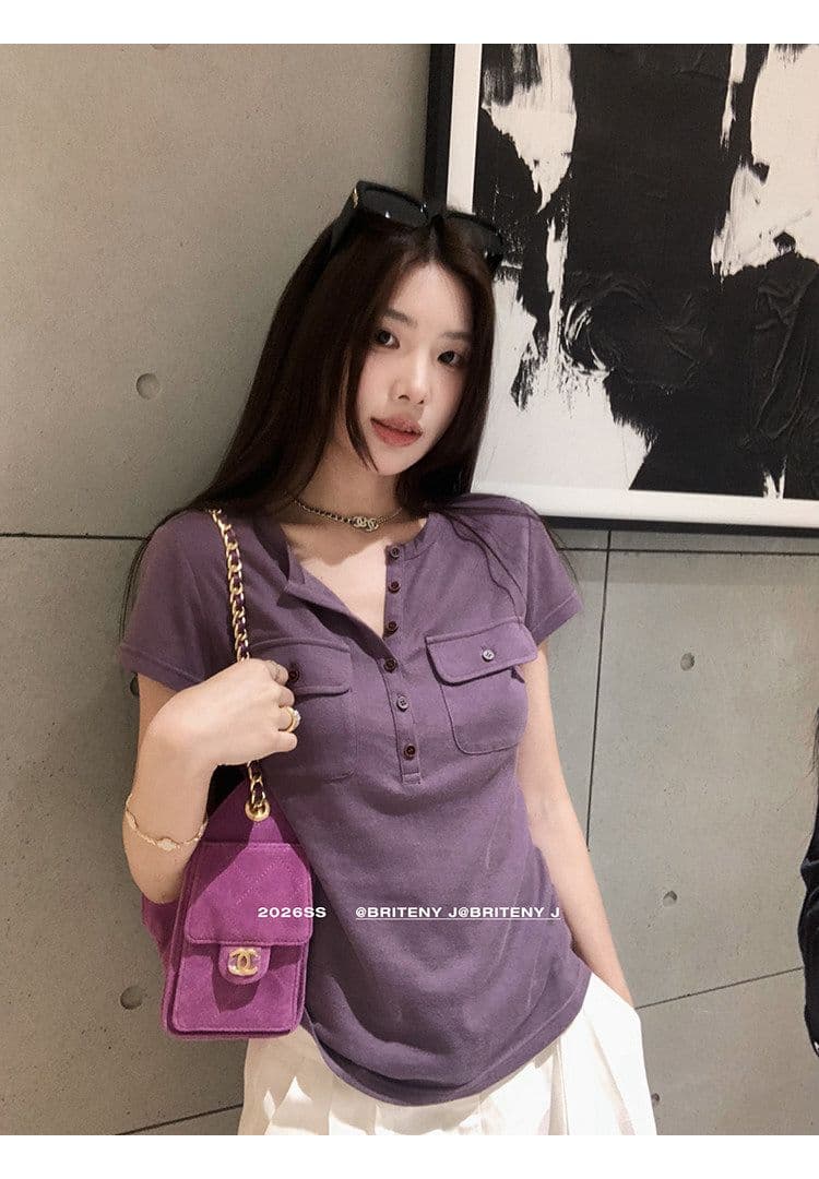 작은 6 월 6 월 브리트니 c 조금 스키니 t 세부 사항 전체 점수 3 차원 워크웨어 주머니 슬림해 보이는 마이크로 허리 수축 반팔 티셔츠 상세 이미지 1