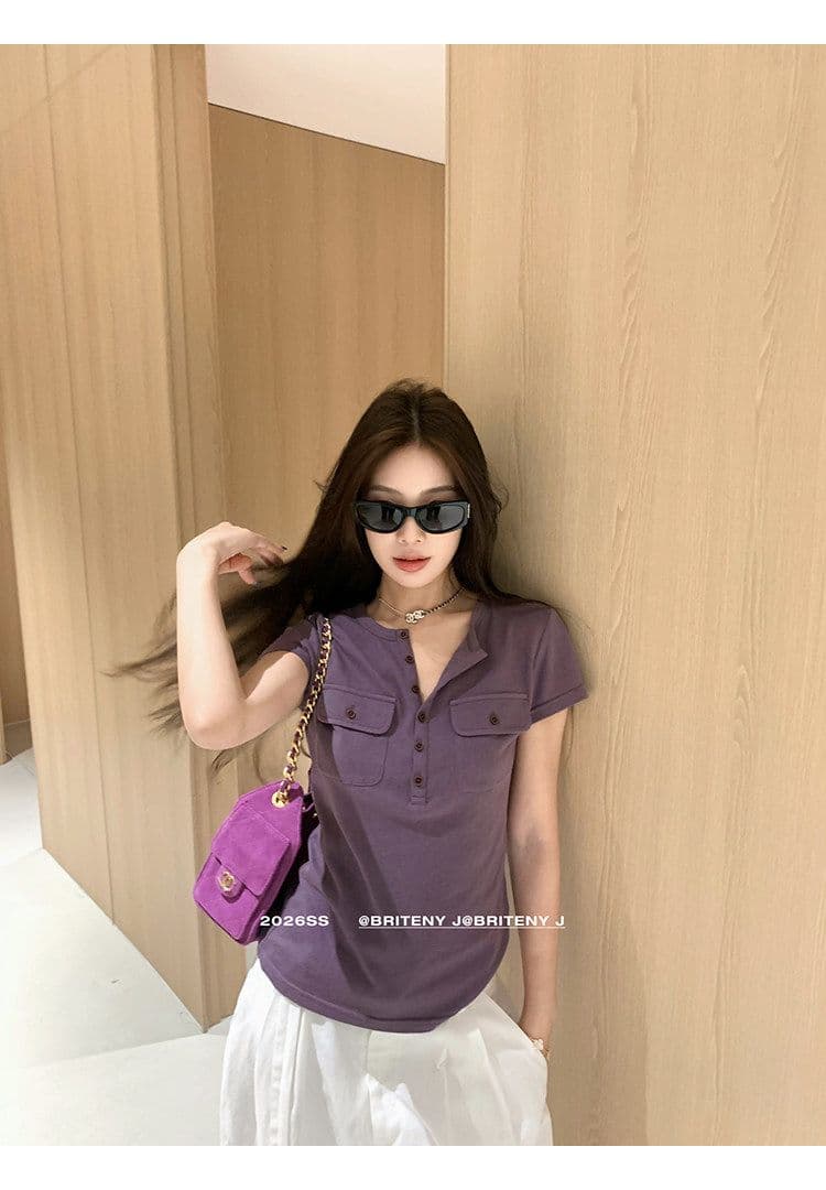 작은 6 월 6 월 브리트니 c 조금 스키니 t 세부 사항 전체 점수 3 차원 워크웨어 주머니 슬림해 보이는 마이크로 허리 수축 반팔 티셔츠 상세 이미지 2