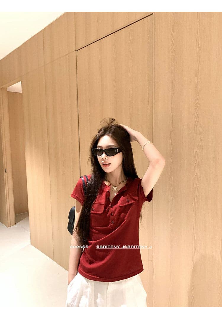 작은 6 월 6 월 브리트니 c 조금 스키니 t 세부 사항 전체 점수 3 차원 워크웨어 주머니 슬림해 보이는 마이크로 허리 수축 반팔 티셔츠 상세 이미지 10