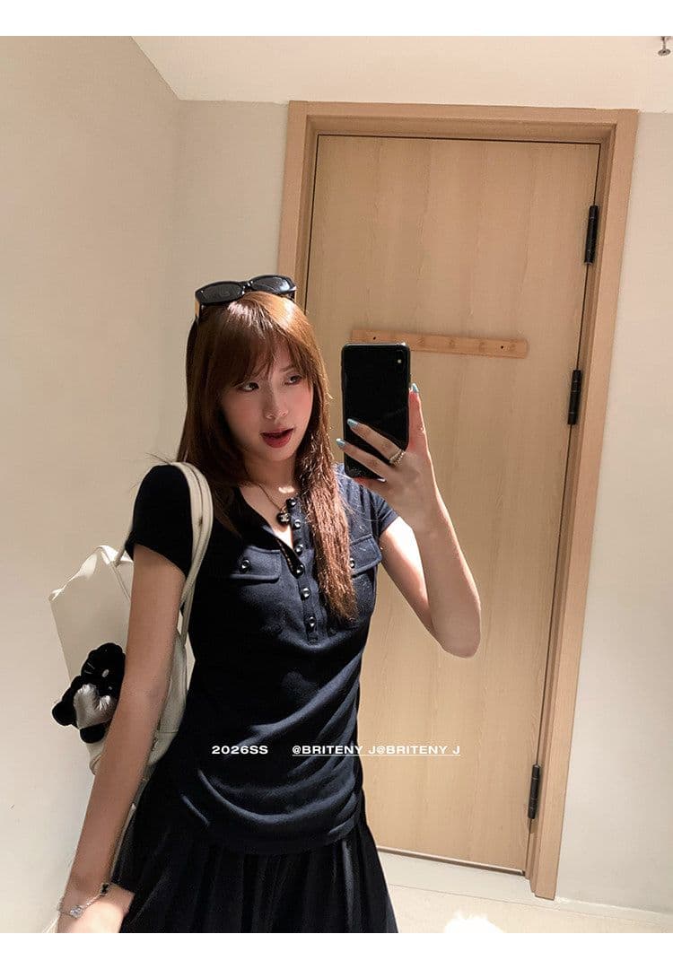작은 6 월 6 월 브리트니 c 조금 스키니 t 세부 사항 전체 점수 3 차원 워크웨어 주머니 슬림해 보이는 마이크로 허리 수축 반팔 티셔츠 상세 이미지 39
