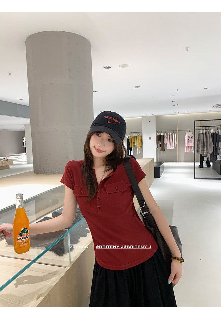 작은 6 월 6 월 브리트니 c 조금 스키니 t 세부 사항 전체 점수 3 차원 워크웨어 주머니 슬림해 보이는 마이크로 허리 수축 반팔 티셔츠 상세 이미지 41