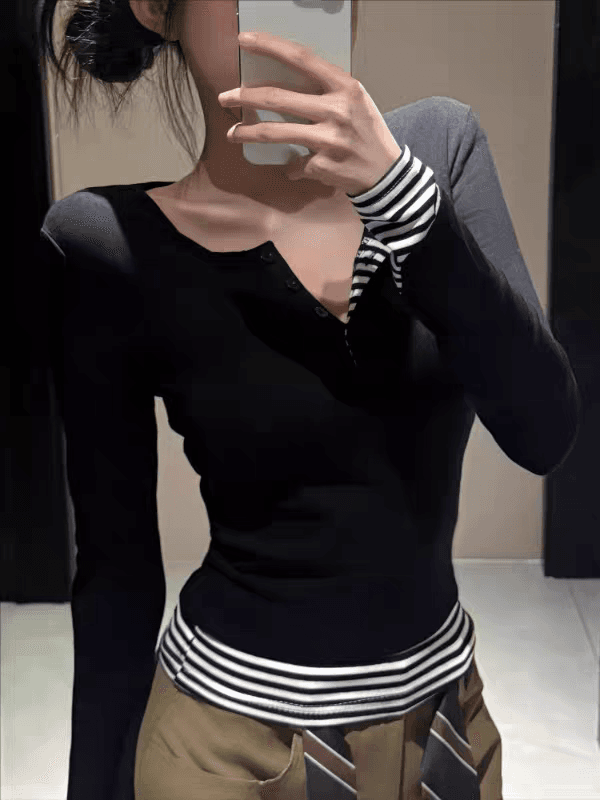 사람들 면 260 그램 원본 품질 디자인 센스 핫걸 스트라이프 패치워크 티셔츠 여성 의류 가을 패치워크 반 개방 칼라 상세 이미지 2