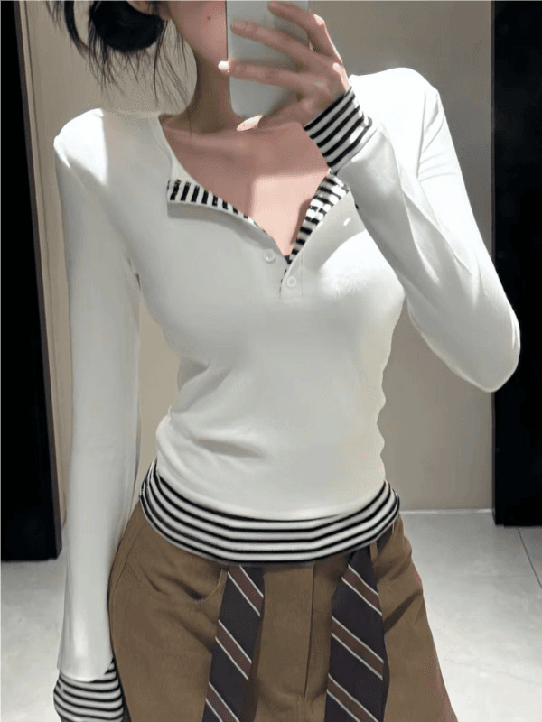 사람들 면 260 그램 원본 품질 디자인 센스 핫걸 스트라이프 패치워크 티셔츠 여성 의류 가을 패치워크 반 개방 칼라 상세 이미지 3