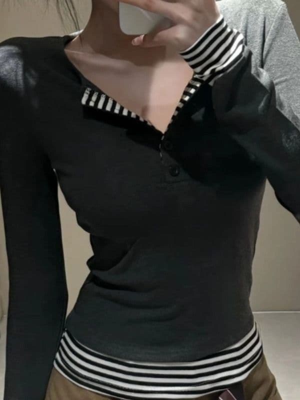 사람들 면 260 그램 원본 품질 디자인 센스 핫걸 스트라이프 패치워크 티셔츠 여성 의류 가을 패치워크 반 개방 칼라 상세 이미지 7