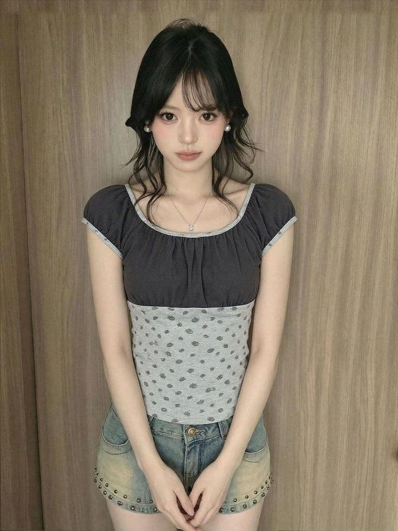 1 1 40 순면 210 그램 여름 새로운 패션 한 부서 패치워크 색상 배색 반팔 맨위 이미지 4