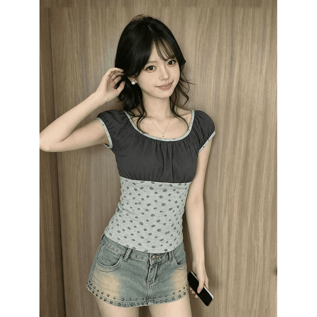 1 1 40 순면 210 그램 여름 새로운 패션 한 부서 패치워크 색상 배색 반팔 맨위 이미지 5