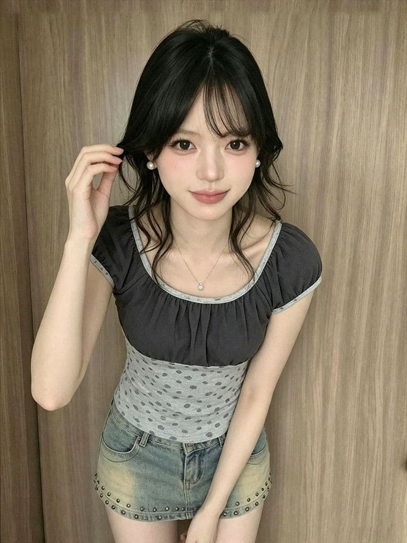 1 1 40 순면 210 그램 여름 새로운 패션 한 부서 패치워크 색상 배색 반팔 맨위 상세 이미지 4