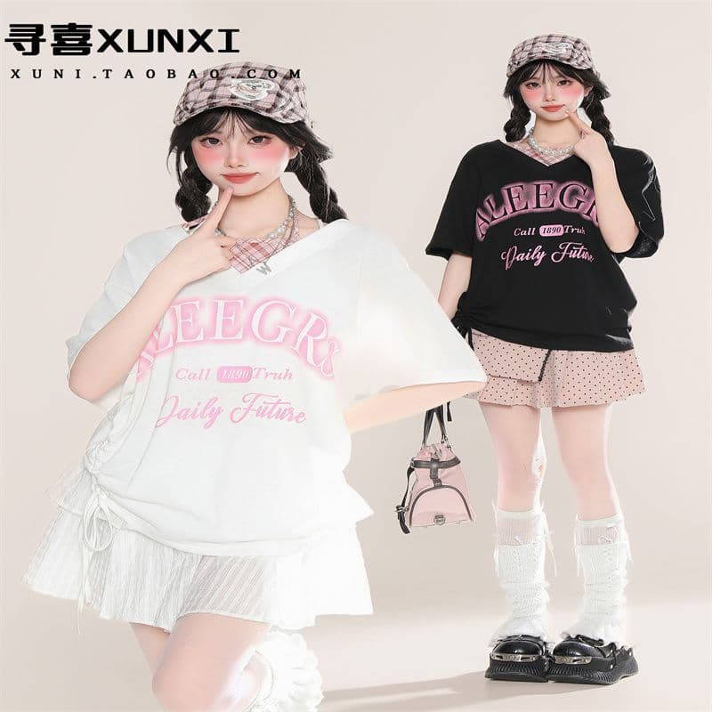 아메리칸 알파벳 프린트 페이크 레이어드 반팔 티셔츠 여름 디자인 센스 루즈핏 달콤한 매운맛 반소매 맨위 상세 이미지 34
