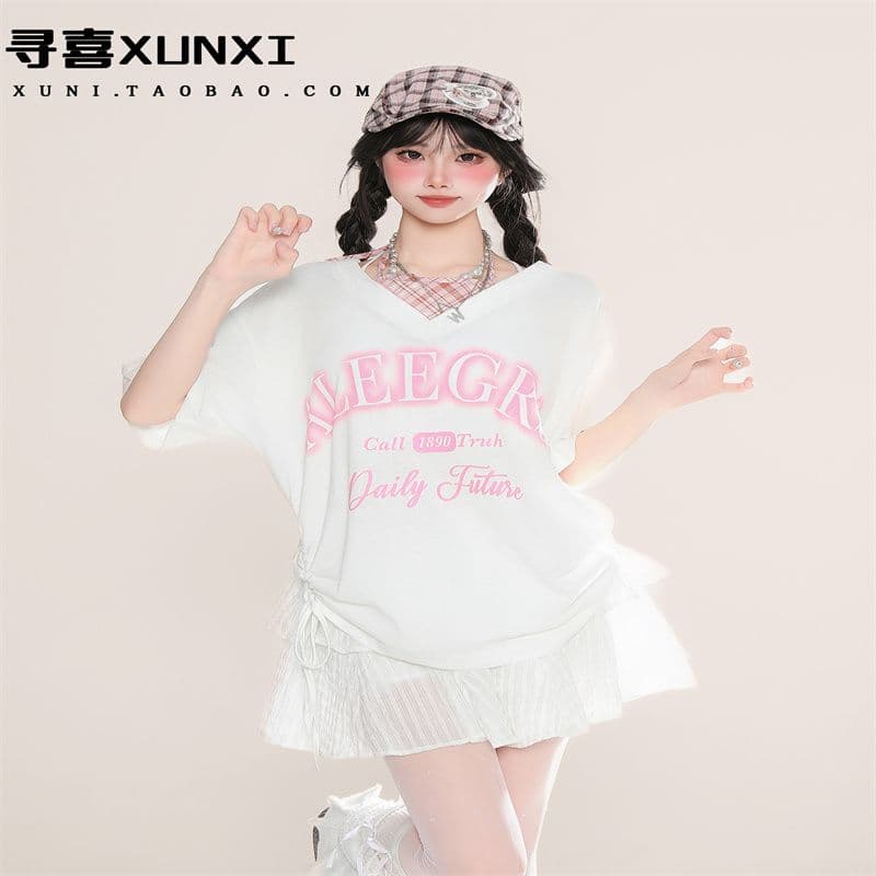 아메리칸 알파벳 프린트 페이크 레이어드 반팔 티셔츠 여름 디자인 센스 루즈핏 달콤한 매운맛 반소매 맨위 상세 이미지 37