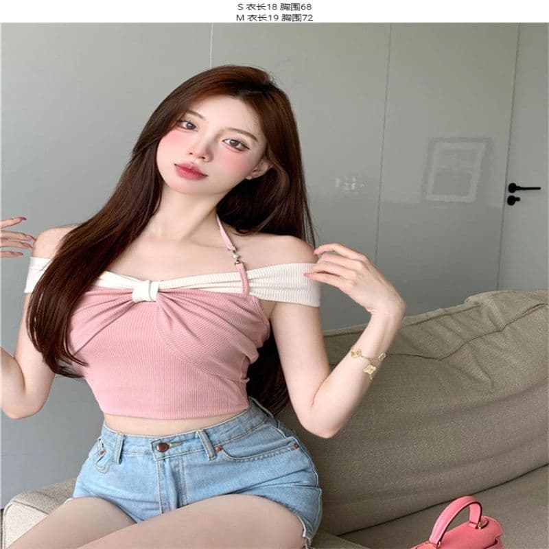 여름 순수한 욕망 연인 핫걸 배색 오프숄더 티셔츠 여성 작은 키 쇼트 스타일 디자인 센스 슬림해 보이는 오프숄더 맨위 상세 이미지 2