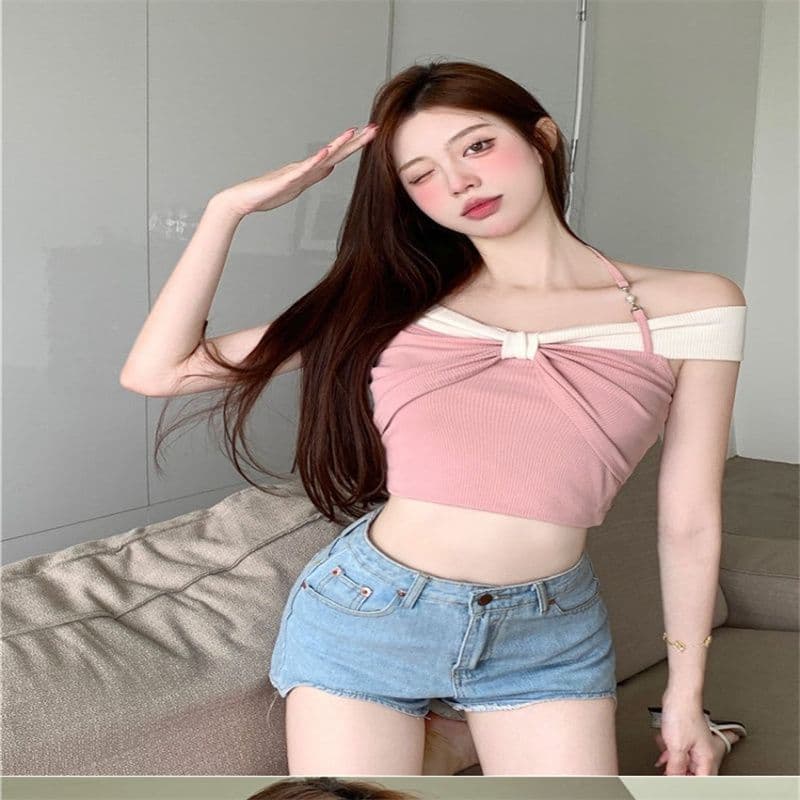 여름 순수한 욕망 연인 핫걸 배색 오프숄더 티셔츠 여성 작은 키 쇼트 스타일 디자인 센스 슬림해 보이는 오프숄더 맨위 상세 이미지 4