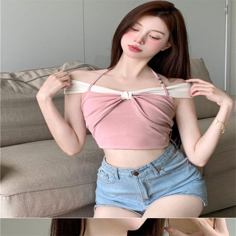 여름 순수한 욕망 연인 핫걸 배색 오프숄더 티셔츠 여성 작은 키 쇼트 스타일 디자인 센스 슬림해 보이는 오프숄더 맨위 상세 이미지 6