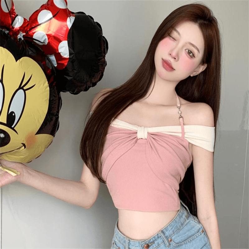여름 순수한 욕망 연인 핫걸 배색 오프숄더 티셔츠 여성 작은 키 쇼트 스타일 디자인 센스 슬림해 보이는 오프숄더 맨위 상세 이미지 11