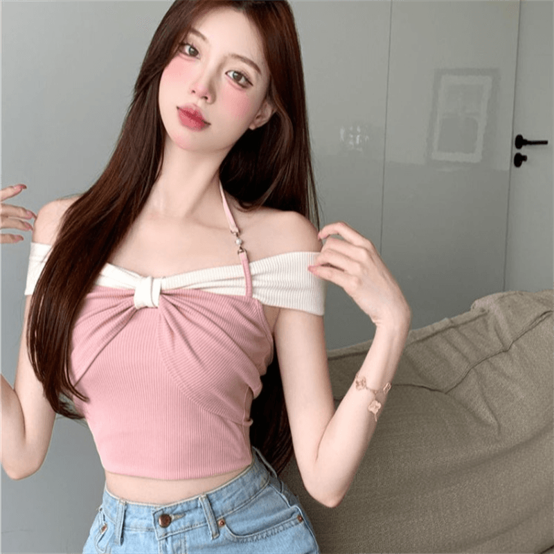 여름 순수한 욕망 연인 핫걸 배색 오프숄더 티셔츠 여성 작은 키 쇼트 스타일 디자인 센스 슬림해 보이는 오프숄더 맨위 상세 이미지 12
