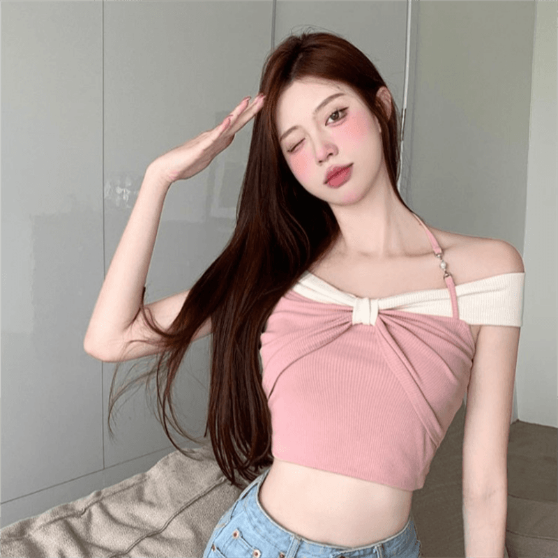 여름 순수한 욕망 연인 핫걸 배색 오프숄더 티셔츠 여성 작은 키 쇼트 스타일 디자인 센스 슬림해 보이는 오프숄더 맨위 상세 이미지 14