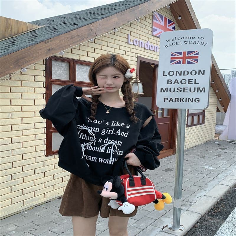한국 스타일 캐주얼 알파벳 프린트 라운드 넥 후드티 여성 가을 2026 새로운 루즈핏 홀로우 아웃 느긋한 바람 다용도 맨위 상세 이미지 5