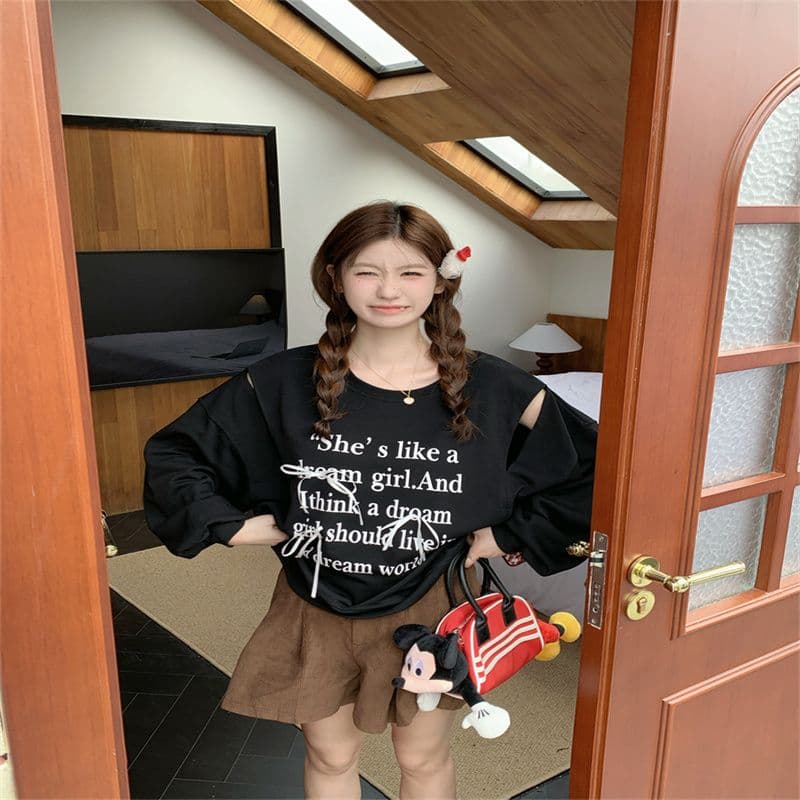 한국 스타일 캐주얼 알파벳 프린트 라운드 넥 후드티 여성 가을 2026 새로운 루즈핏 홀로우 아웃 느긋한 바람 다용도 맨위 상세 이미지 8