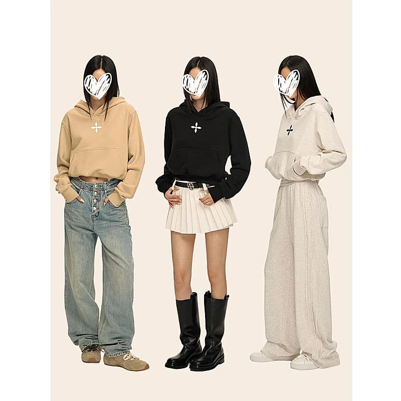 얇은 스타일 3 차원 자수 순수한 Mianhua 면 쇼트 스타일 후드 티 스웨터 여성 긴 소매 맨위 상세 이미지 4