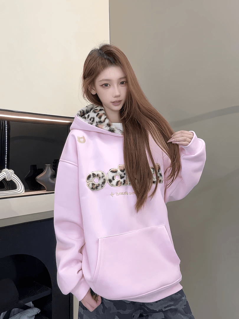 얇은 스타일 털이 있는 원본 레오파드 무늬 플리스 패치워크 모자 순수한 Mianhua 면 후드티 이미지 4