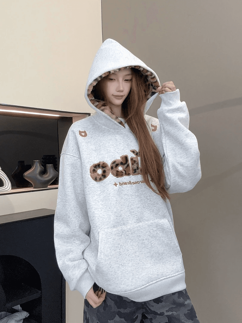 얇은 스타일 털이 있는 원본 레오파드 무늬 플리스 패치워크 모자 순수한 Mianhua 면 후드티 상세 이미지 3