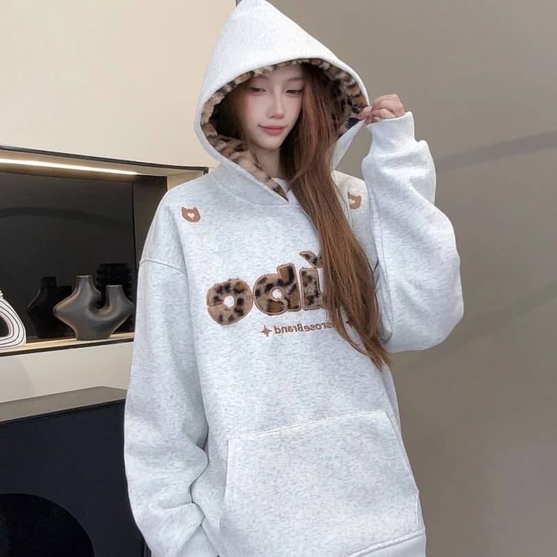 얇은 스타일 털이 있는 원본 레오파드 무늬 플리스 패치워크 모자 순수한 Mianhua 면 후드티 이미지 5