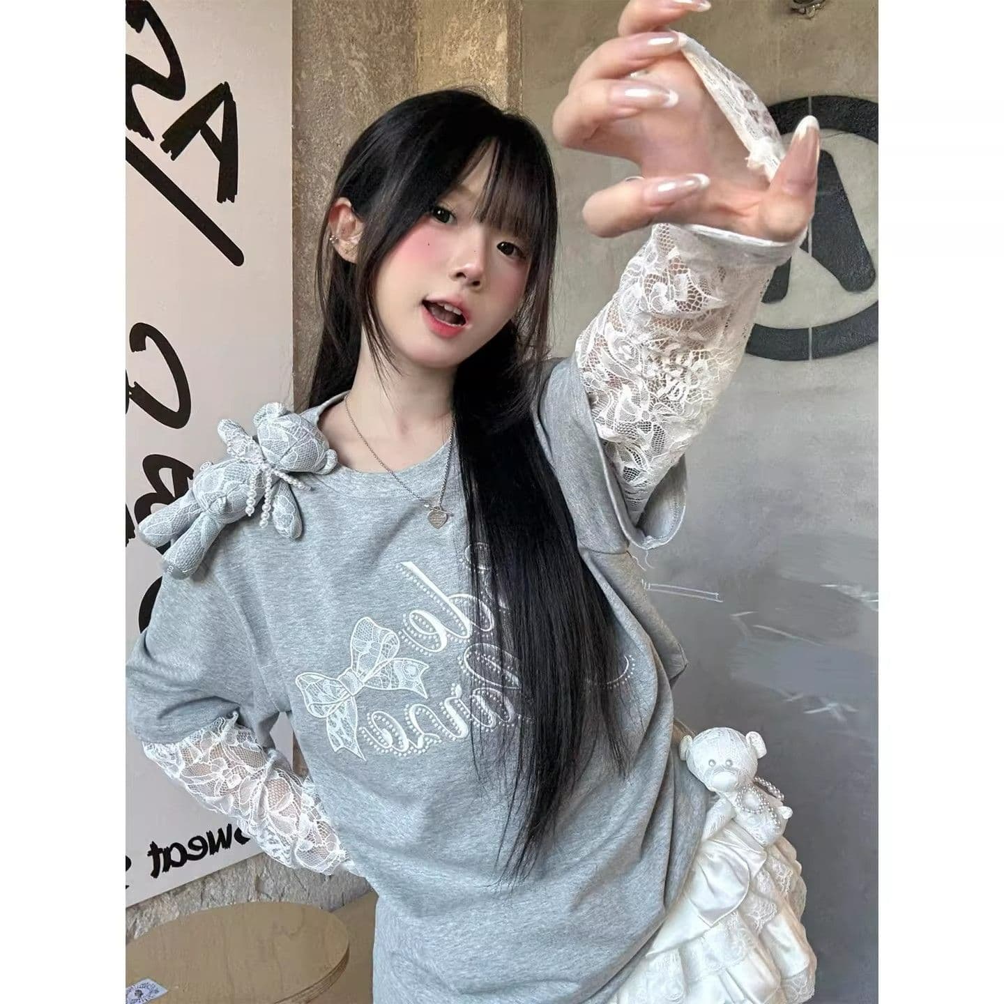 페이크 레이어드 자외선 차단 레이스 소매 40 더블 실 면 210 그램 리브 네클라인 이후 테두리 티셔츠 여성 루즈핏