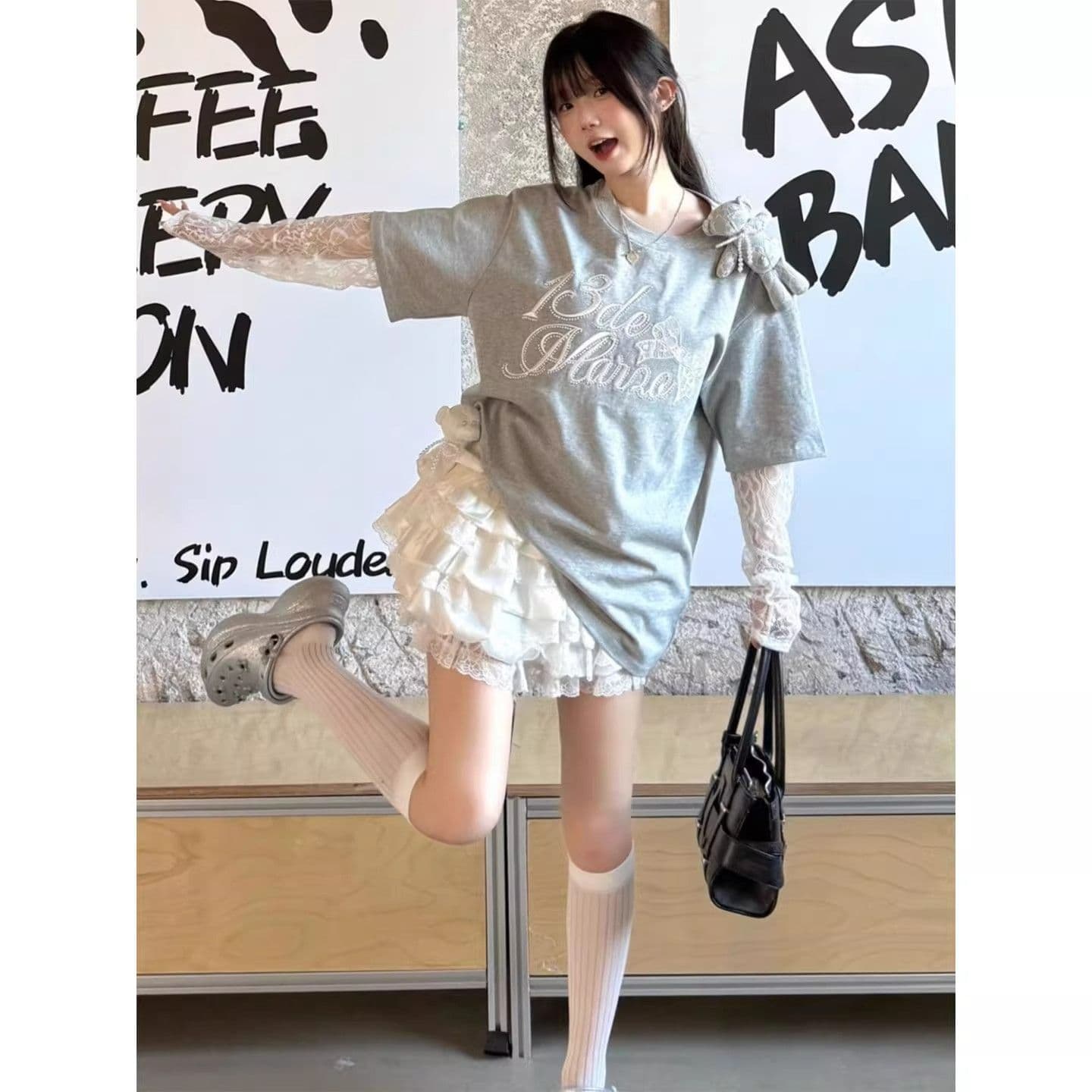 페이크 레이어드 자외선 차단 레이스 소매 40 더블 실 면 210 그램 리브 네클라인 이후 테두리 티셔츠 여성 루즈핏 이미지 2