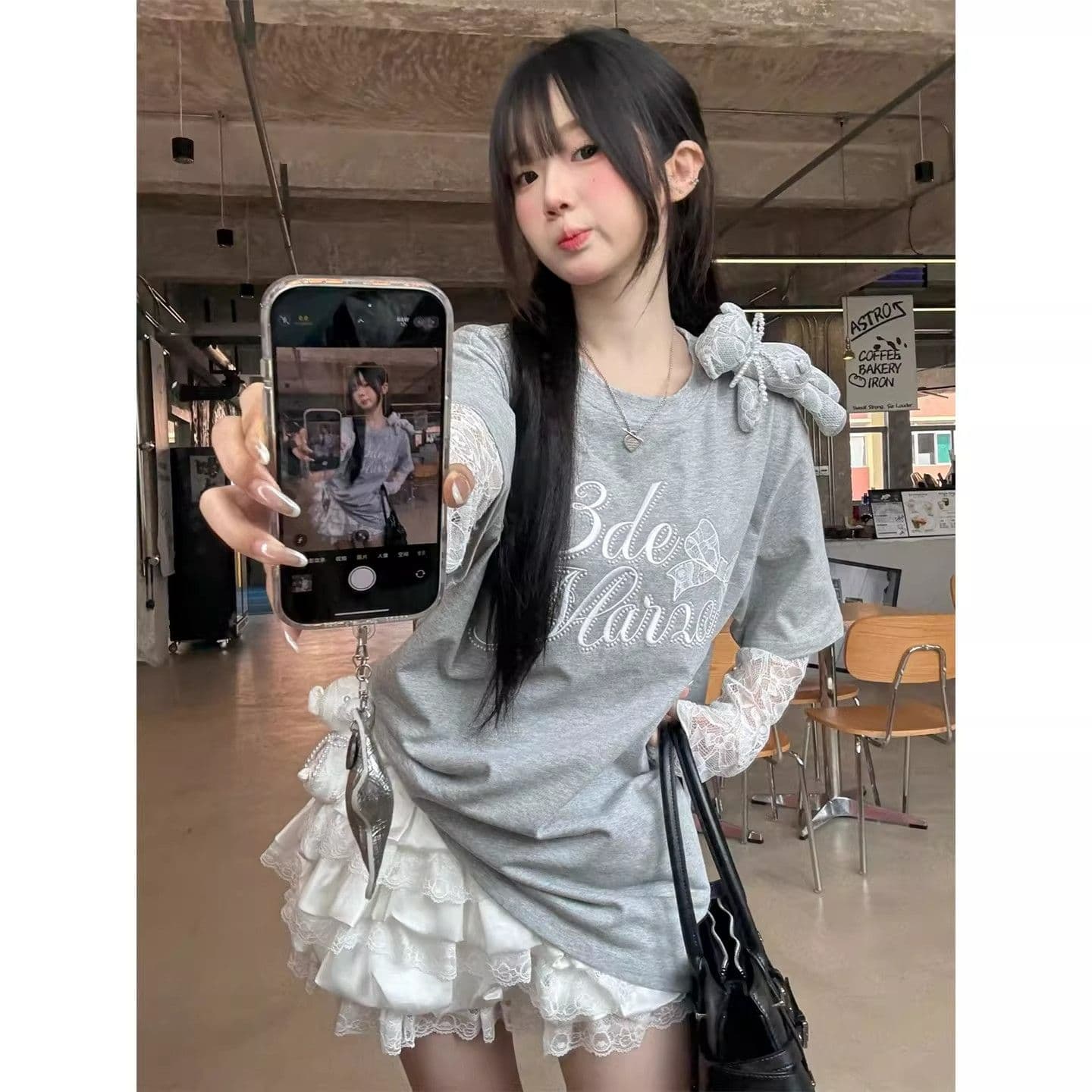 페이크 레이어드 자외선 차단 레이스 소매 40 더블 실 면 210 그램 리브 네클라인 이후 테두리 티셔츠 여성 루즈핏 이미지 3