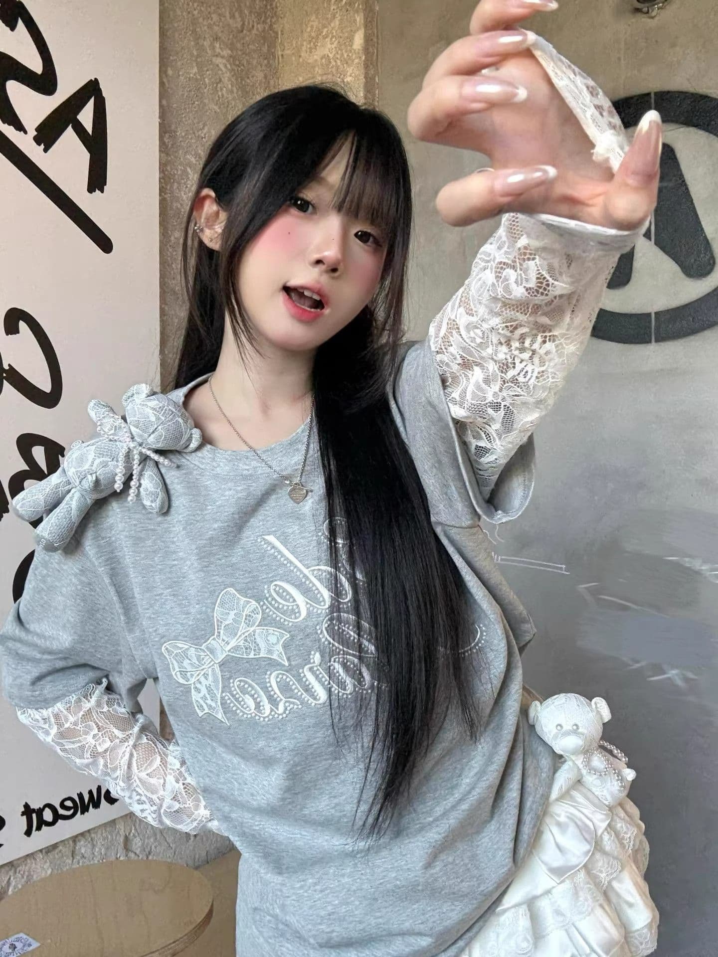 페이크 레이어드 자외선 차단 레이스 소매 40 더블 실 면 210 그램 리브 네클라인 이후 테두리 티셔츠 여성 루즈핏 상세 이미지 1