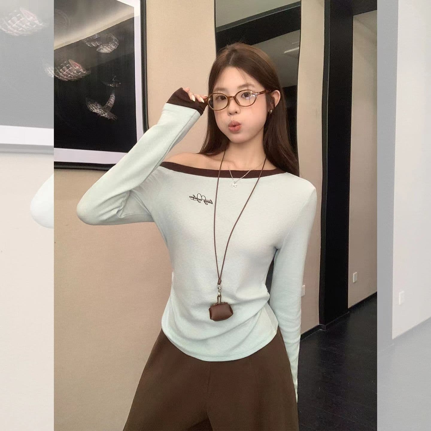 한 부서 핫걸 바람 비스듬한 칼라 오프숄더 긴팔 티셔츠 여성 몸매 가꾸기 슬림해 보이는 캐주얼 다용도 맨위 이미지 5