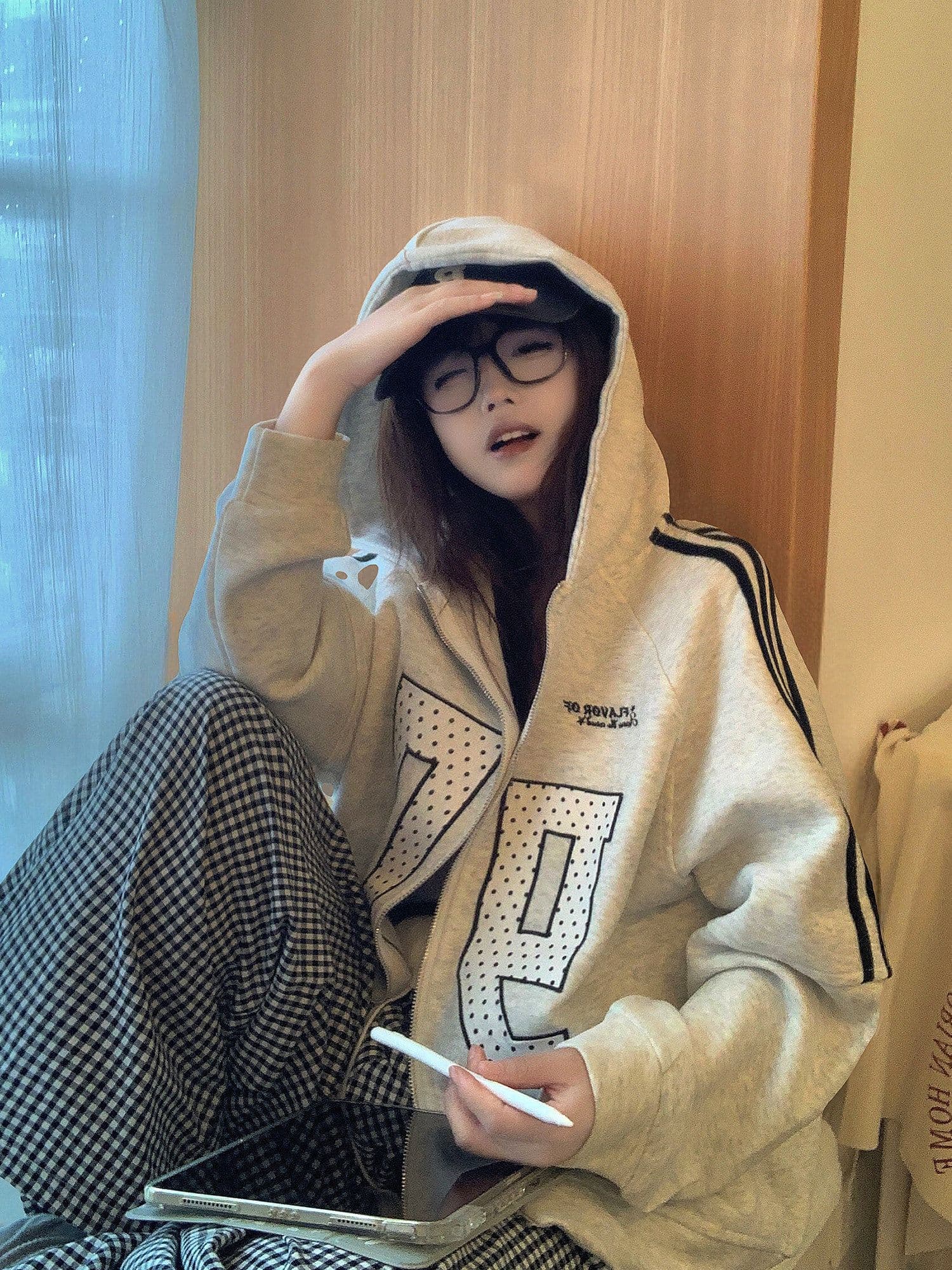 얇은 스타일 백금 지퍼 소매 구멍 압력 라인 자수 이후 패키지 칼라 순수한 Mianhua 면 복합 후드티 여성 상세 이미지 2