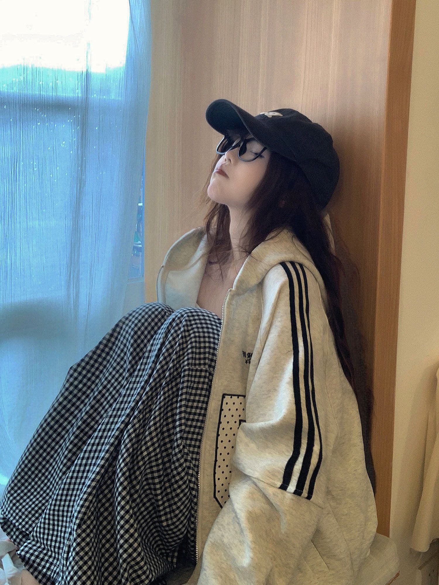 얇은 스타일 백금 지퍼 소매 구멍 압력 라인 자수 이후 패키지 칼라 순수한 Mianhua 면 복합 후드티 여성 상세 이미지 5