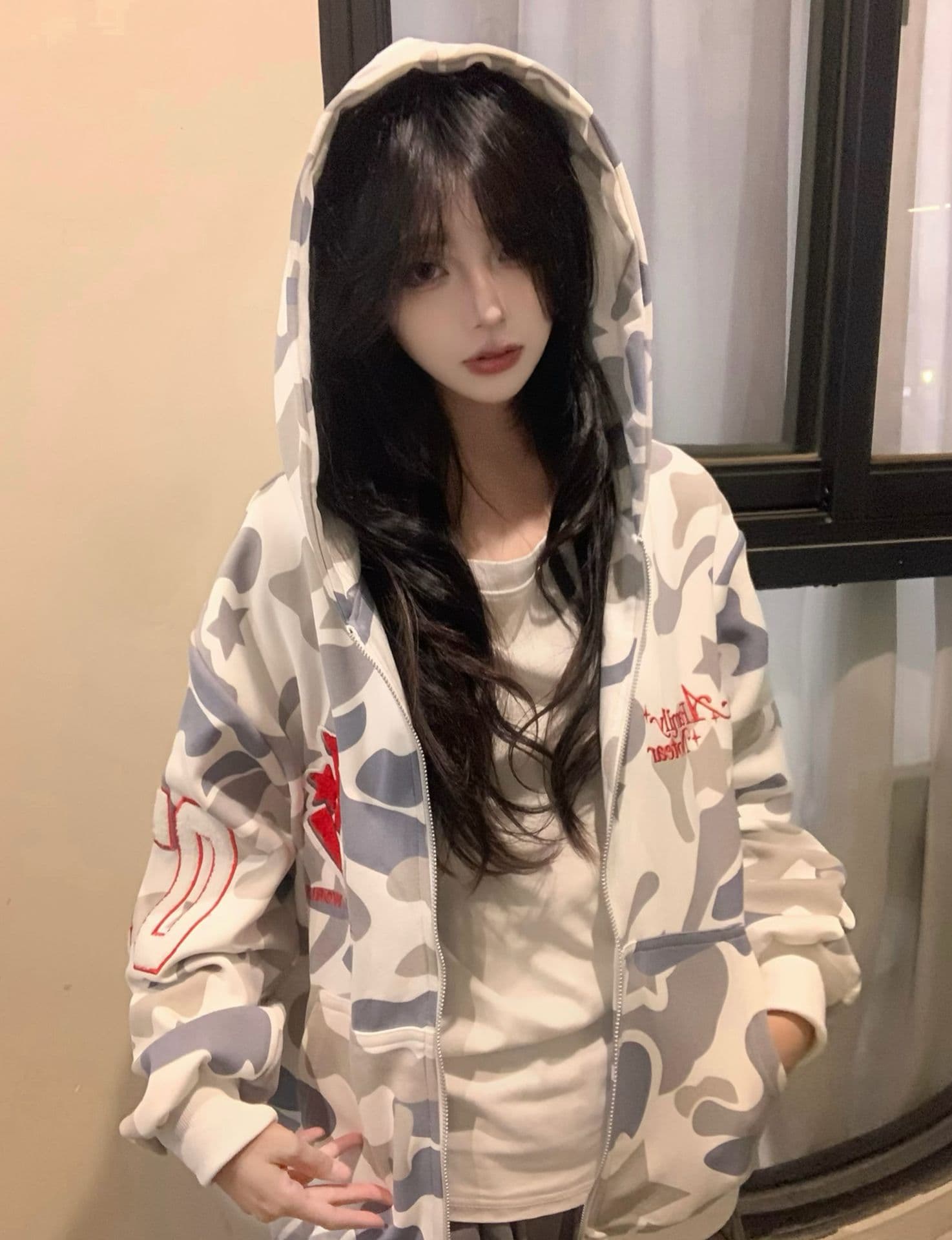 얇은 스타일 털이 있는 백금 지퍼 자수 원본 천 인사이드 펌프 순수한 Mianhua 면 복합 후드티 여성 이미지 4