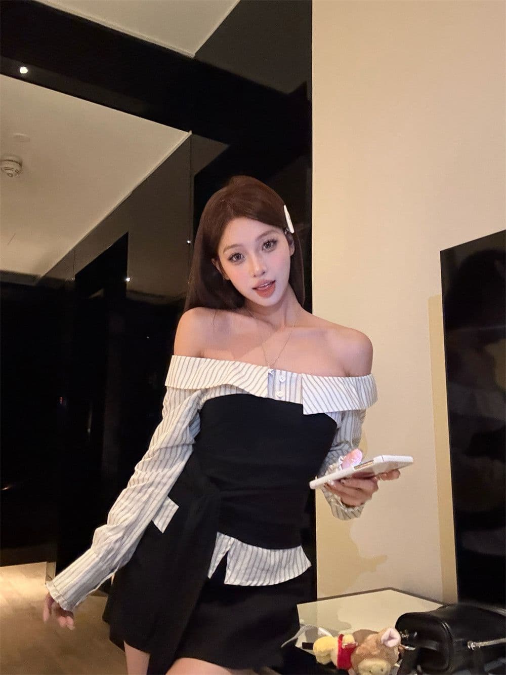 원본 것 순수한 욕망 바람 스트랩 패치워크 오프숄더 긴팔 여성 셔츠 배색 스트라이프 가을 맨위 상세 이미지 1
