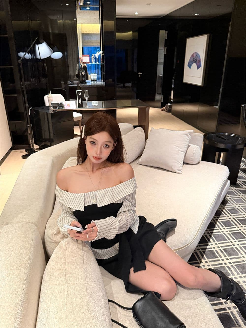 원본 것 순수한 욕망 바람 스트랩 패치워크 오프숄더 긴팔 여성 셔츠 배색 스트라이프 가을 맨위 상세 이미지 17